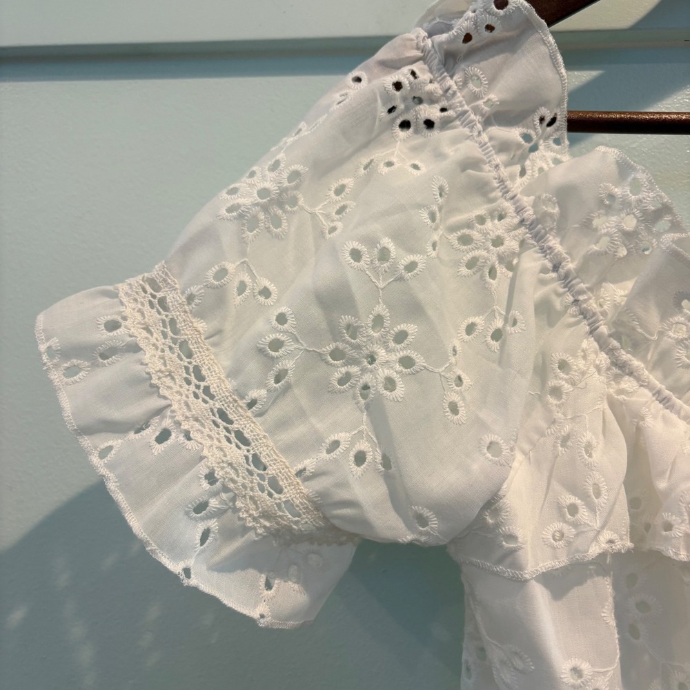 Off-Shoulder White Midi Dress with Eyelet Trim - Picture 7 of 16